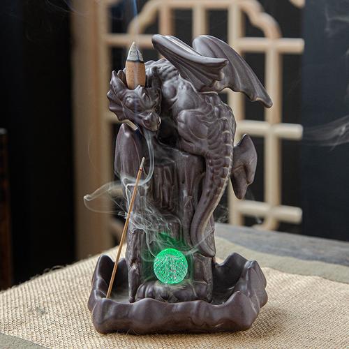 跨境产品陶瓷倒流香炉翼龙送50粒香倒流烟香炉工艺品摆件加led灯
